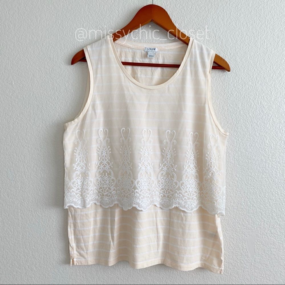 J. Crew Embroidered Lace Overlay Striped Tank Top